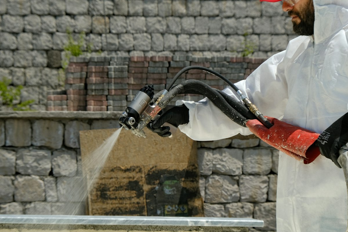 Technician in a chemical suit spraying a cleaning agent
