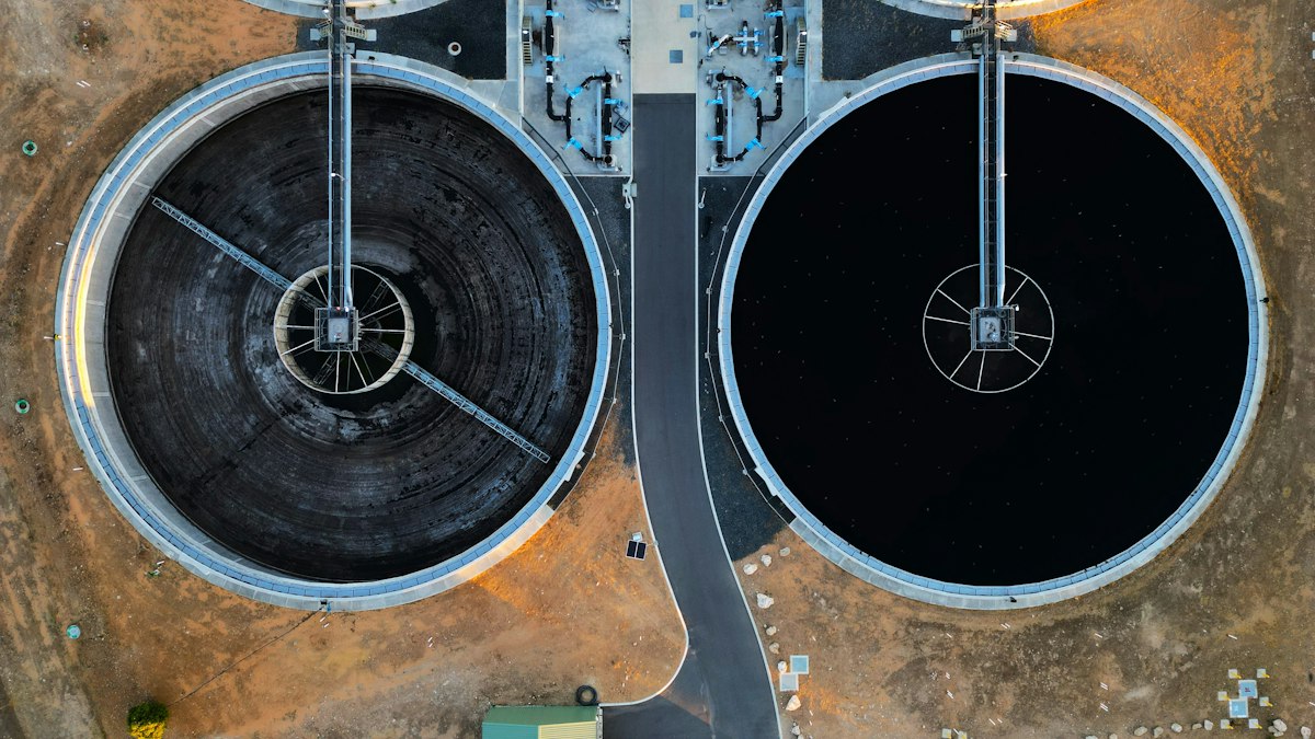 Aerial view of sludge clarifier tanks
